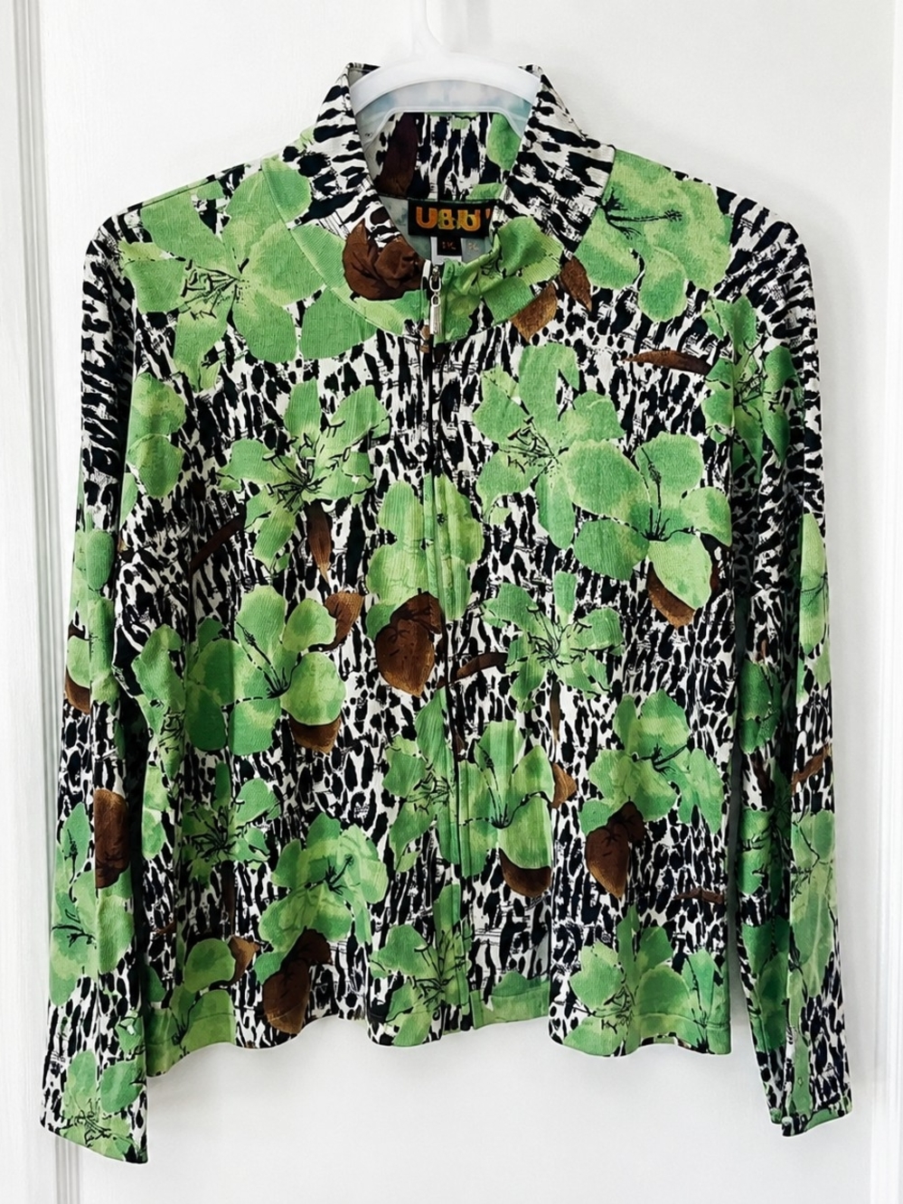 Vintage UbU Silk Blend Floral Print Zip Front Jacket PL Green Black